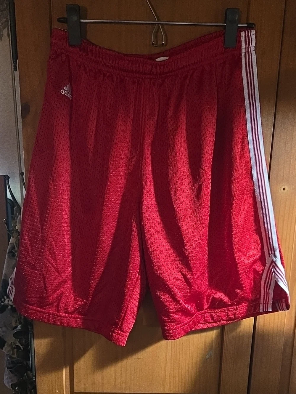 adidas Red Men's Athletic Mesh Shorts with White Stripes
